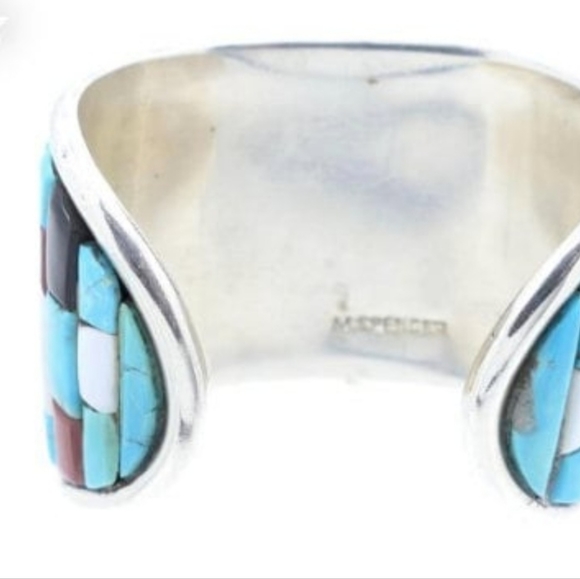 Michael Spencer Navajo Sterling Silver Turquoise Mosaic Bracelet Cuff Coral - Picture 4 of 5